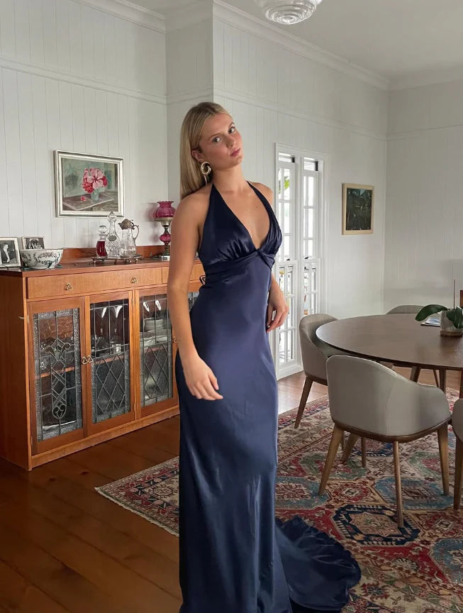 Quyihu Dress Navy Blue Sheath V Neck Satin Open Back Sleeveless Long Sweep Prom Dress Graduation Party Dress