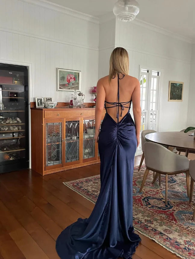 Quyihu Dress Navy Blue Sheath V Neck Satin Open Back Sleeveless Long Sweep Prom Dress Graduation Party Dress