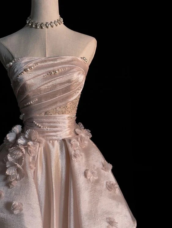 Quyihu Dress Pearl Pink Strapless A-line Tulle Long Party Gown With Pearls Formal Women's Dresses