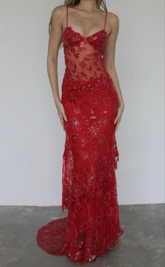 Quyihu Dress Pink Spaghetti Straps V Neck Lace Beading Gorgeous Mermaid Evening Dress