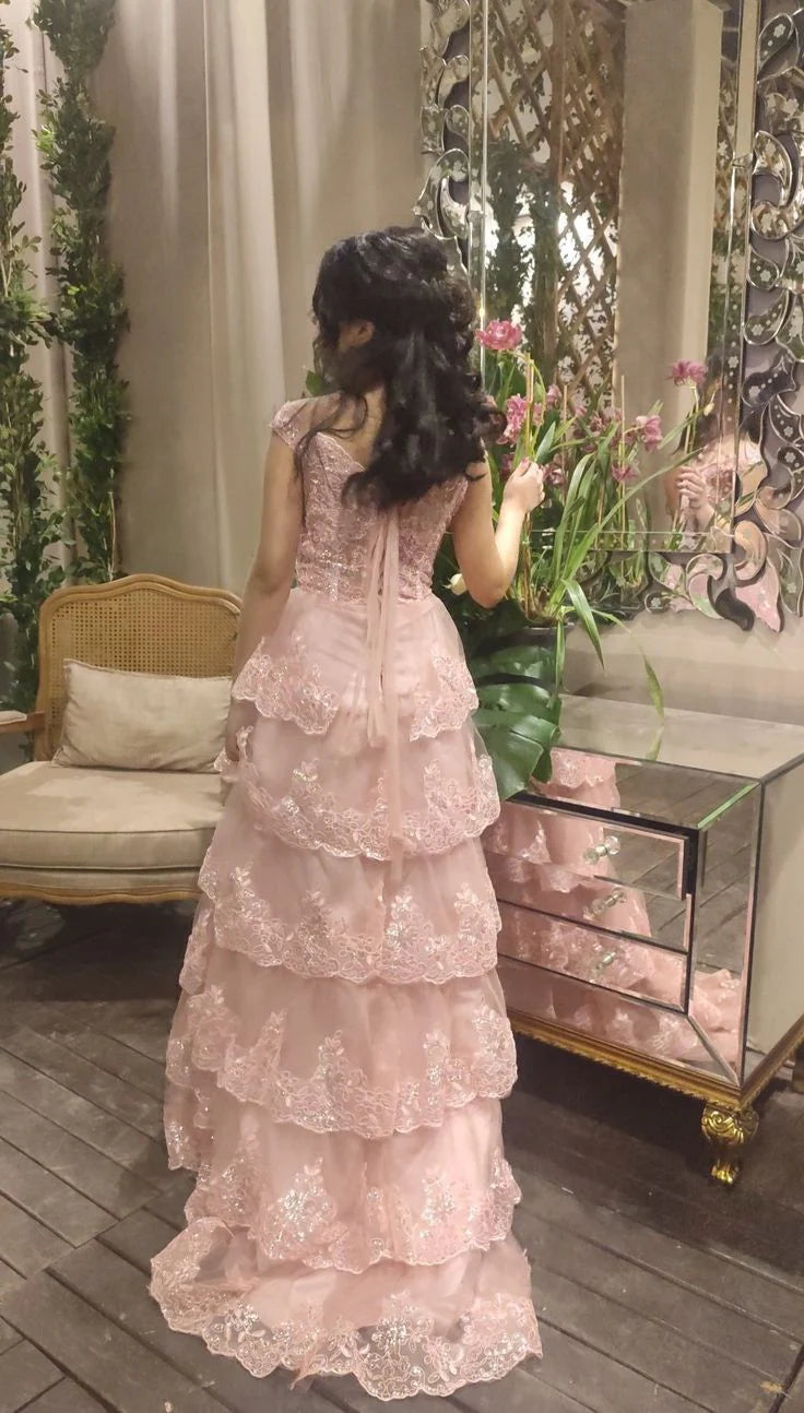 Quyihu Dress Pretty A-Line Off The Shoulder Blush Pink Lace Slit Long Prom Dresses Formal Evening Dress