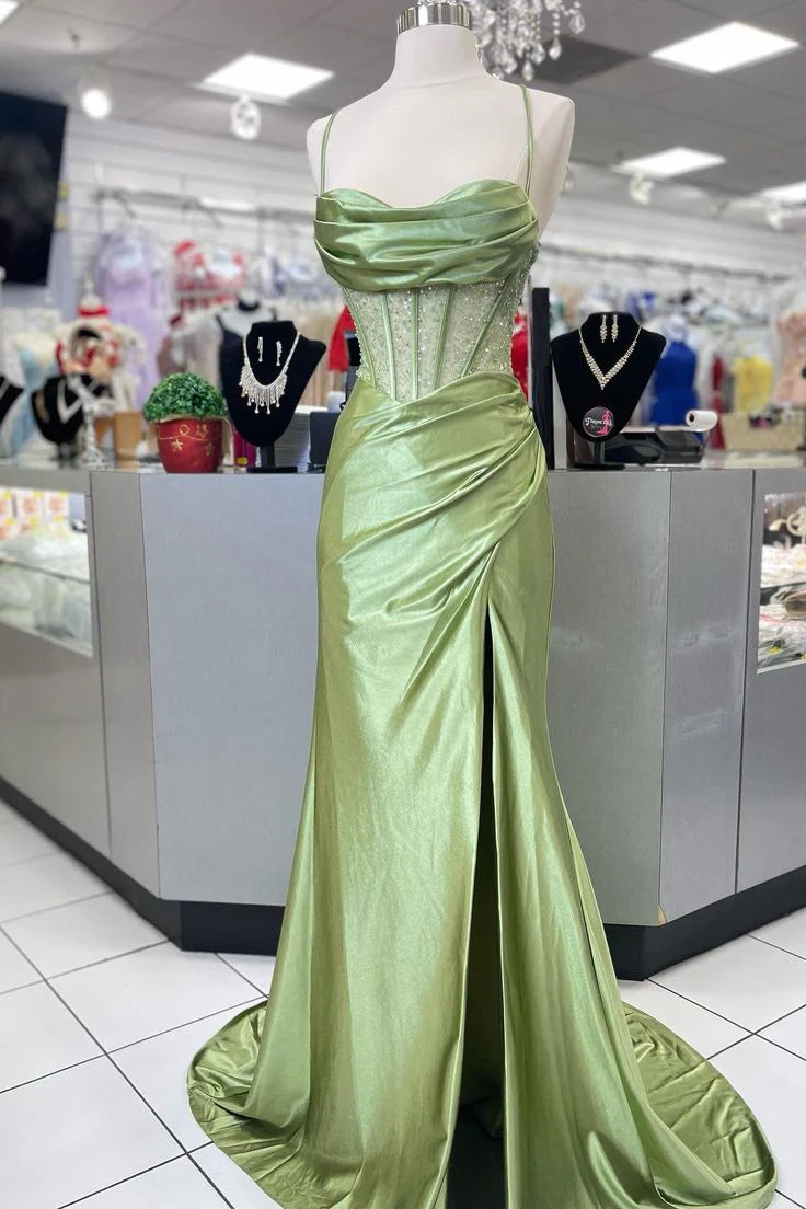Quyihu Dress Pretty Sage Scoop Neck Satin Mermaid Long Prom Dress with Slit Formal Gown Evening Dress