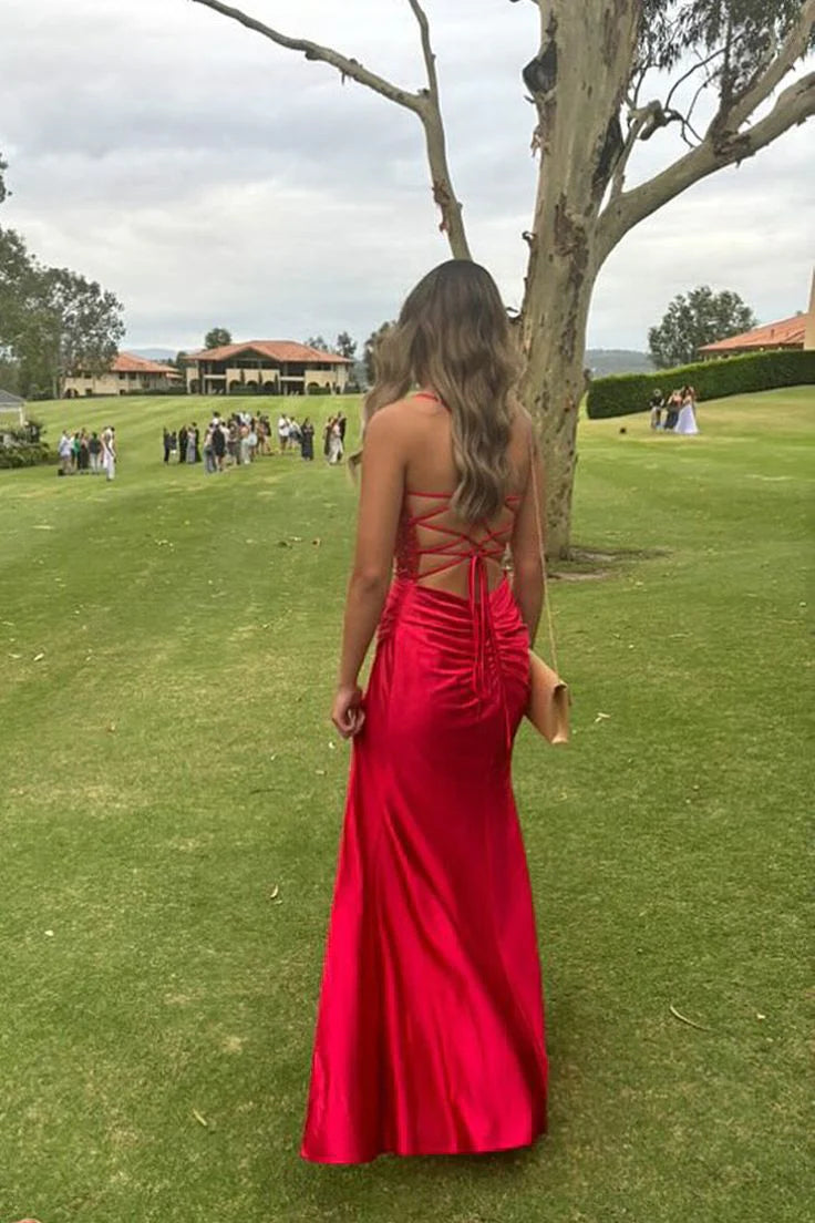 Quyihu Dress Pretty Sage Scoop Neck Satin Mermaid Long Prom Dress with Slit Formal Gown Evening Dress