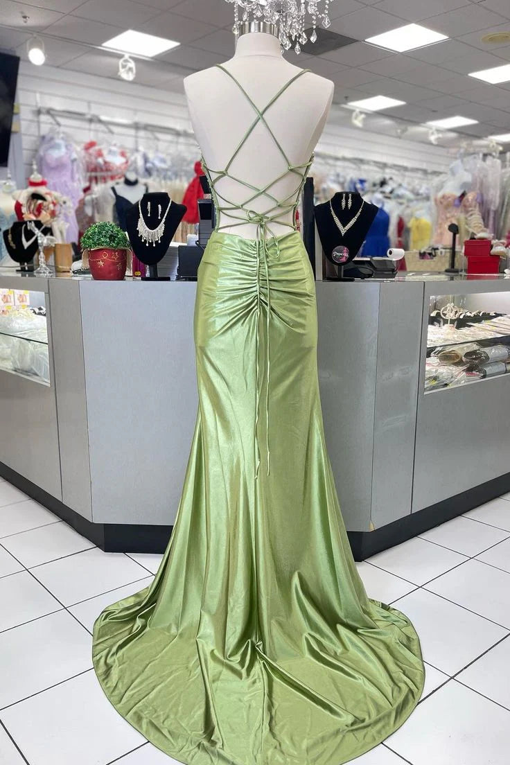 Quyihu Dress Pretty Sage Scoop Neck Satin Mermaid Long Prom Dress with Slit Formal Gown Evening Dress