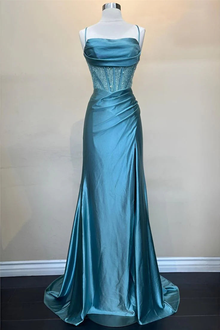 Quyihu Dress Pretty Sage Scoop Neck Satin Mermaid Long Prom Dress with Slit Formal Gown Evening Dress