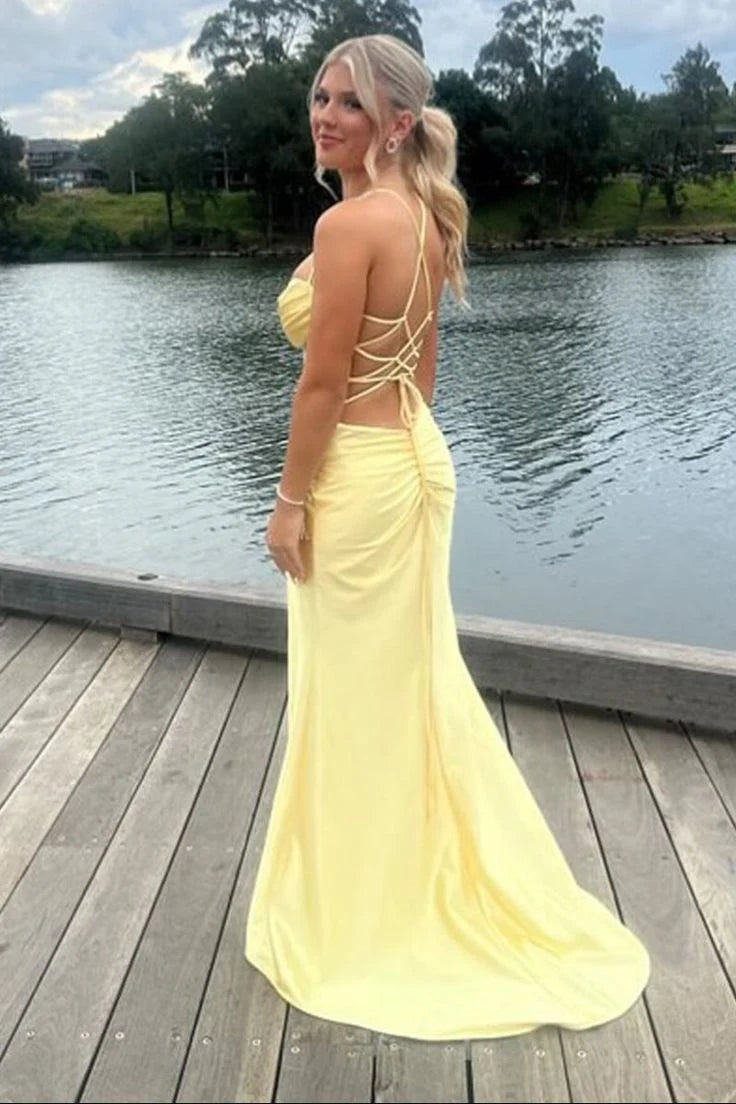 Quyihu Dress Pretty Sage Scoop Neck Satin Mermaid Long Prom Dress with Slit Formal Gown Evening Dress