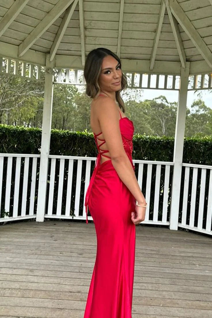 Quyihu Dress Pretty Sage Scoop Neck Satin Mermaid Long Prom Dress with Slit Formal Gown Evening Dress