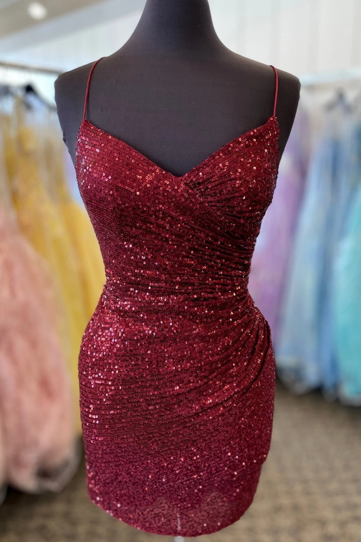 Quyihu Dress Ruched Golden Sequin Tight Short Dress Homecoming Dress