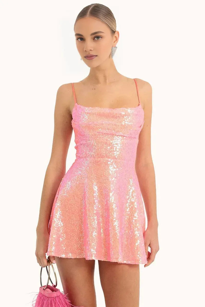 Quyihu Dress Sequins Cami Lace Up Backless Spaghetti Straps A-Line Birthday Party Mini Dresses Gold Homecoming Dress