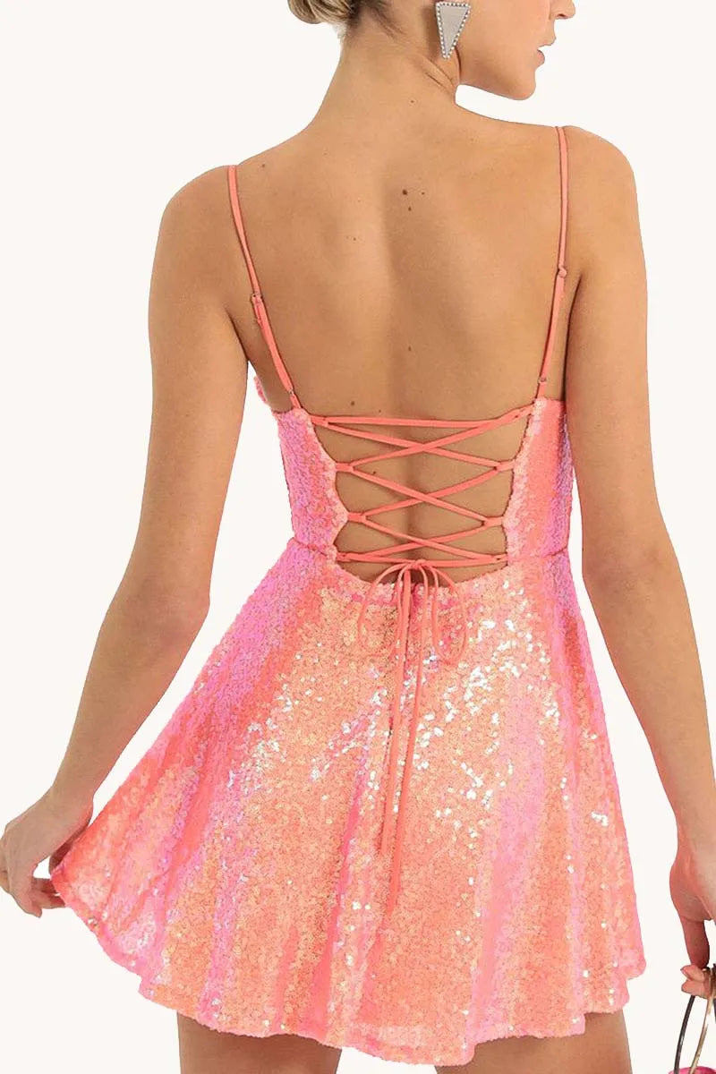 Quyihu Dress Sequins Cami Lace Up Backless Spaghetti Straps A-Line Birthday Party Mini Dresses Gold Homecoming Dress