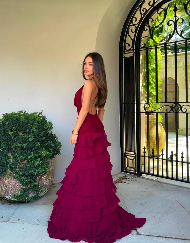 Quyihu Dress Sexy A Line Halter Tiered Burgundy Prom Dress Evening Dress With Slit
