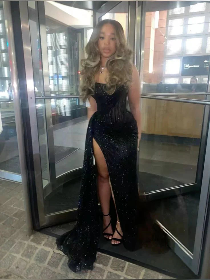 Quyihu Dress Sexy Black Lace Sequin Slit Long Prom Dress Mermaid Evening Dress
