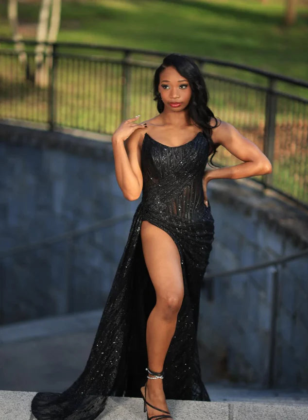 Quyihu Dress Sexy Black Lace Sequin Slit Long Prom Dress Mermaid Evening Dress