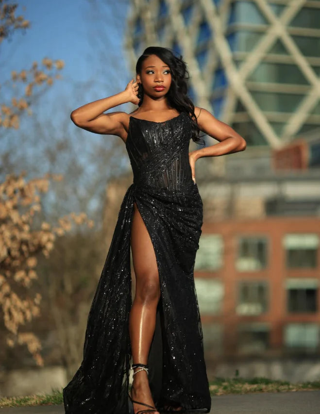 Quyihu Dress Sexy Black Lace Sequin Slit Long Prom Dress Mermaid Evening Dress