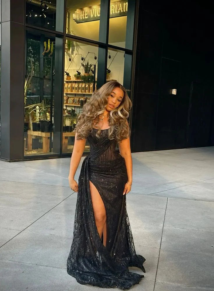 Quyihu Dress Sexy Black Lace Sequin Slit Long Prom Dress Mermaid Evening Dress