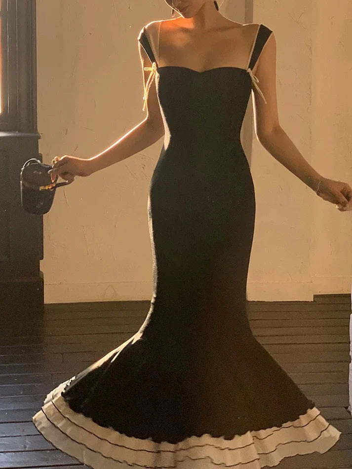 Quyihu Dress Sexy Black Mermaid Wide Strap Long Prom Dress Sweet Ruffle Formal Party Dress