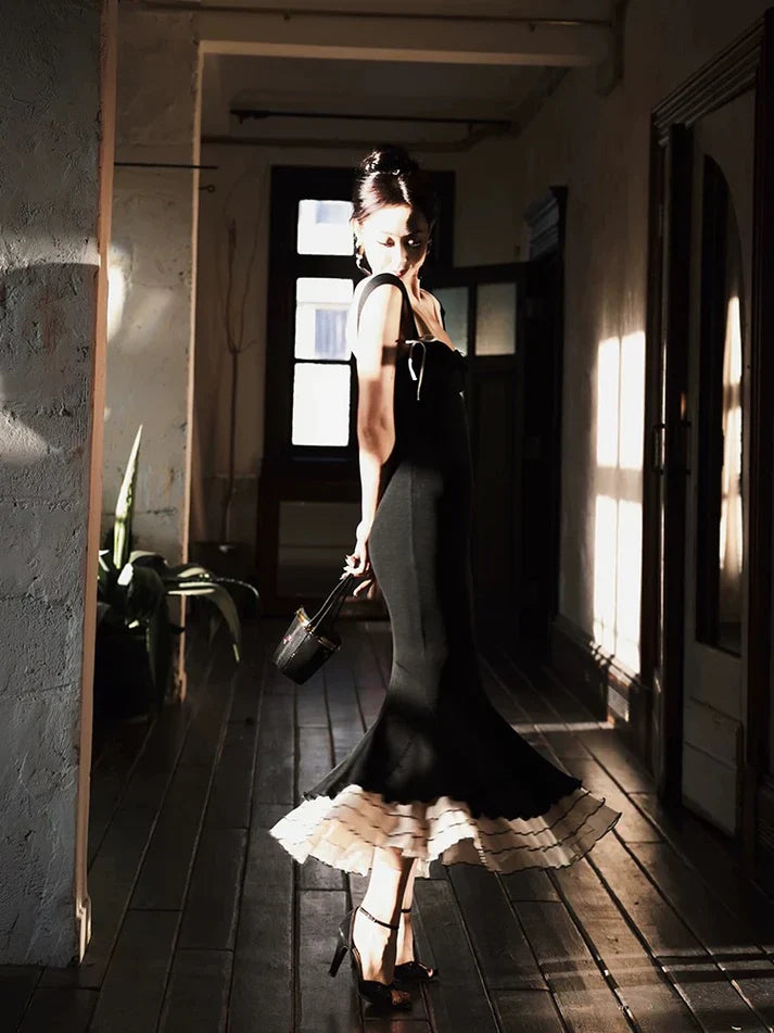 Quyihu Dress Sexy Black Mermaid Wide Strap Long Prom Dress Sweet Ruffle Formal Party Dress