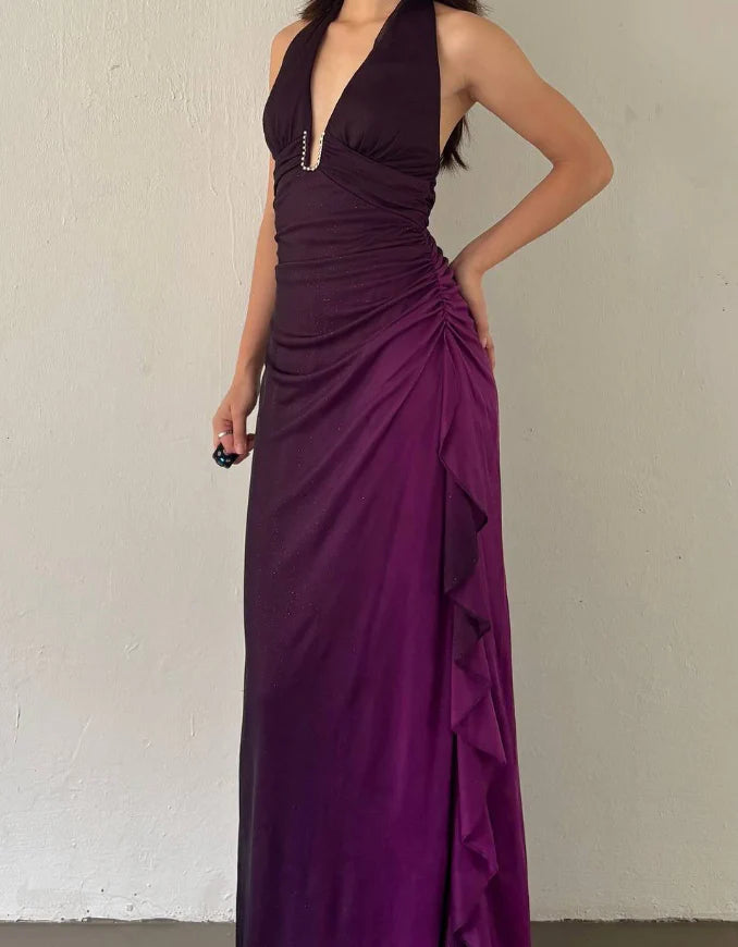 Quyihu Dress Sexy Sheath Halter Purple Ombre Chiffon Long Prom Dress Evening Dress Party Dress