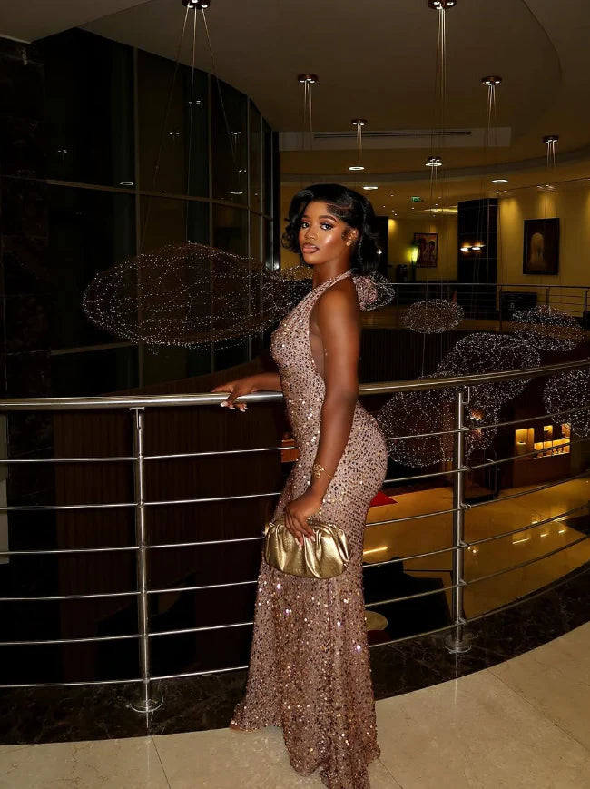 Quyihu Dress Sexy Sheath Halter Sequin Open Back Prom Dress Evening Dress Sleeveless Party Dress