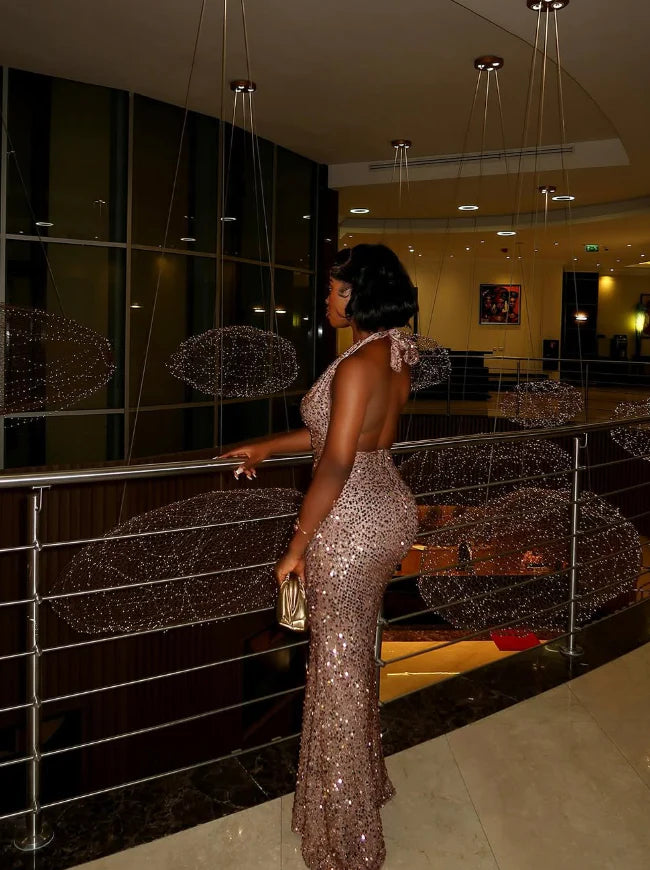 Quyihu Dress Sexy Sheath Halter Sequin Open Back Prom Dress Evening Dress Sleeveless Party Dress