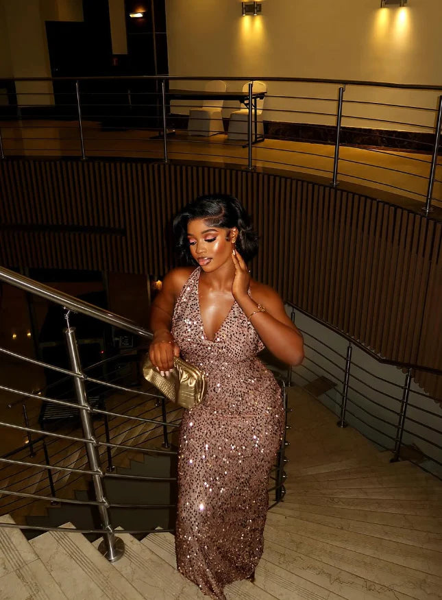 Quyihu Dress Sexy Sheath Halter Sequin Open Back Prom Dress Evening Dress Sleeveless Party Dress