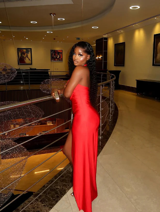 Quyihu Dress Sexy Sheath Halter V Neck Red Satin Prom Dress Evening Dress with Slit Sleeveless Party Dress