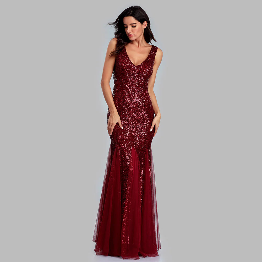 Quyihu Dress Shimmering V-Neck Sleeveless Sheath Sequined Tulle Maxi Evening Formal Dress Prom Dress