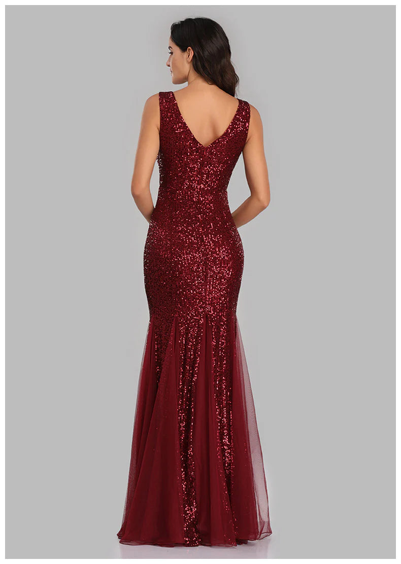 Quyihu Dress Shimmering V-Neck Sleeveless Sheath Sequined Tulle Maxi Evening Formal Dress Prom Dress