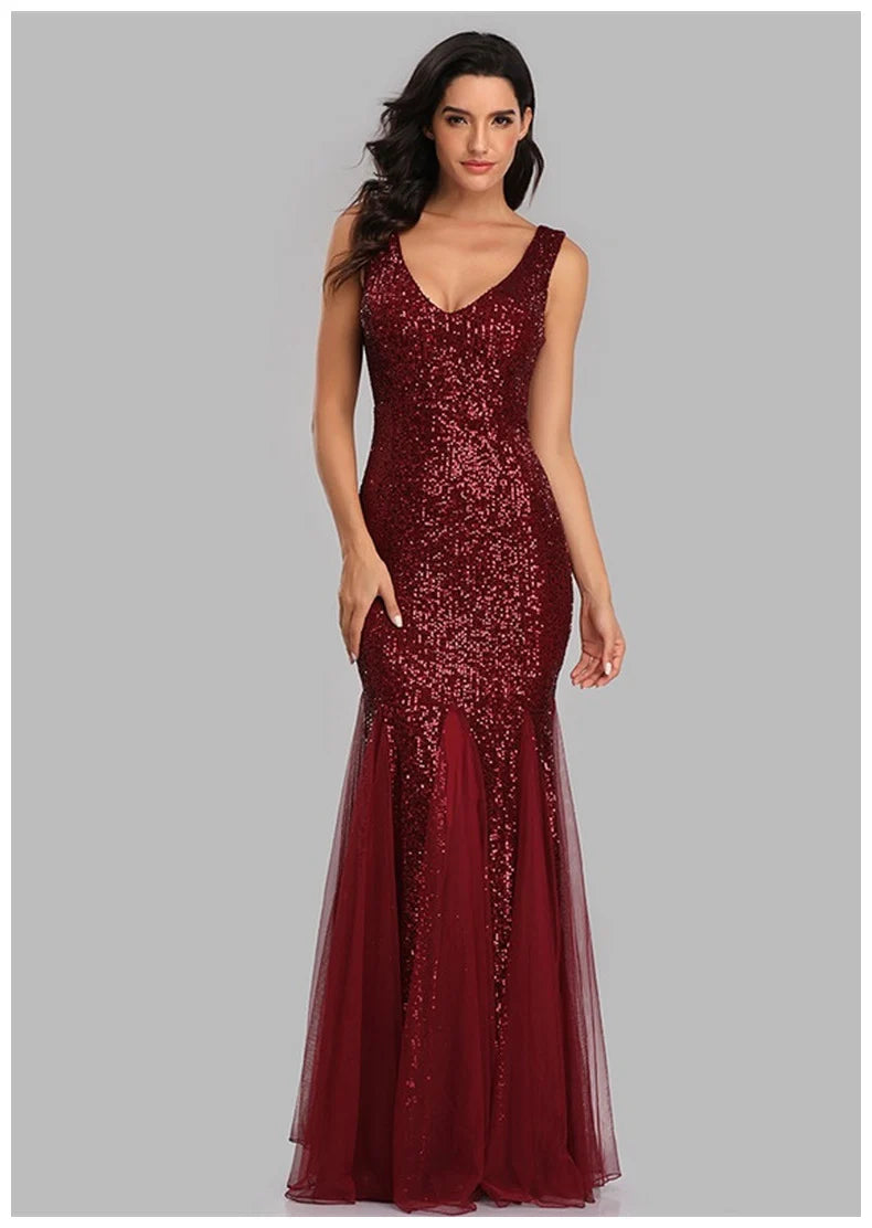 Quyihu Dress Shimmering V-Neck Sleeveless Sheath Sequined Tulle Maxi Evening Formal Dress Prom Dress