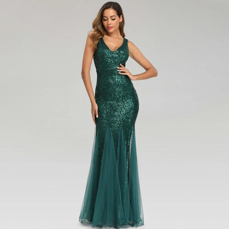 Quyihu Dress Shimmering V-Neck Sleeveless Sheath Sequined Tulle Maxi Evening Formal Dress Prom Dress