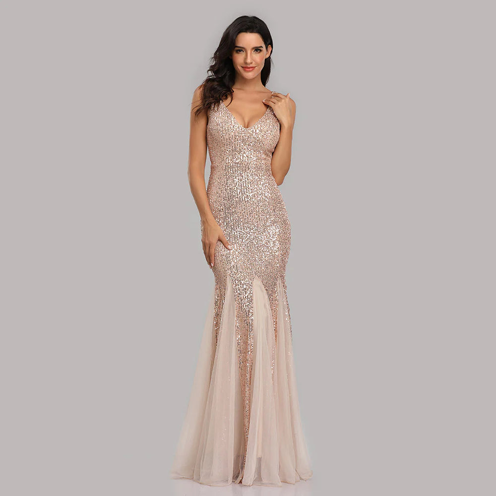 Quyihu Dress Shimmering V-Neck Sleeveless Sheath Sequined Tulle Maxi Evening Formal Dress Prom Dress