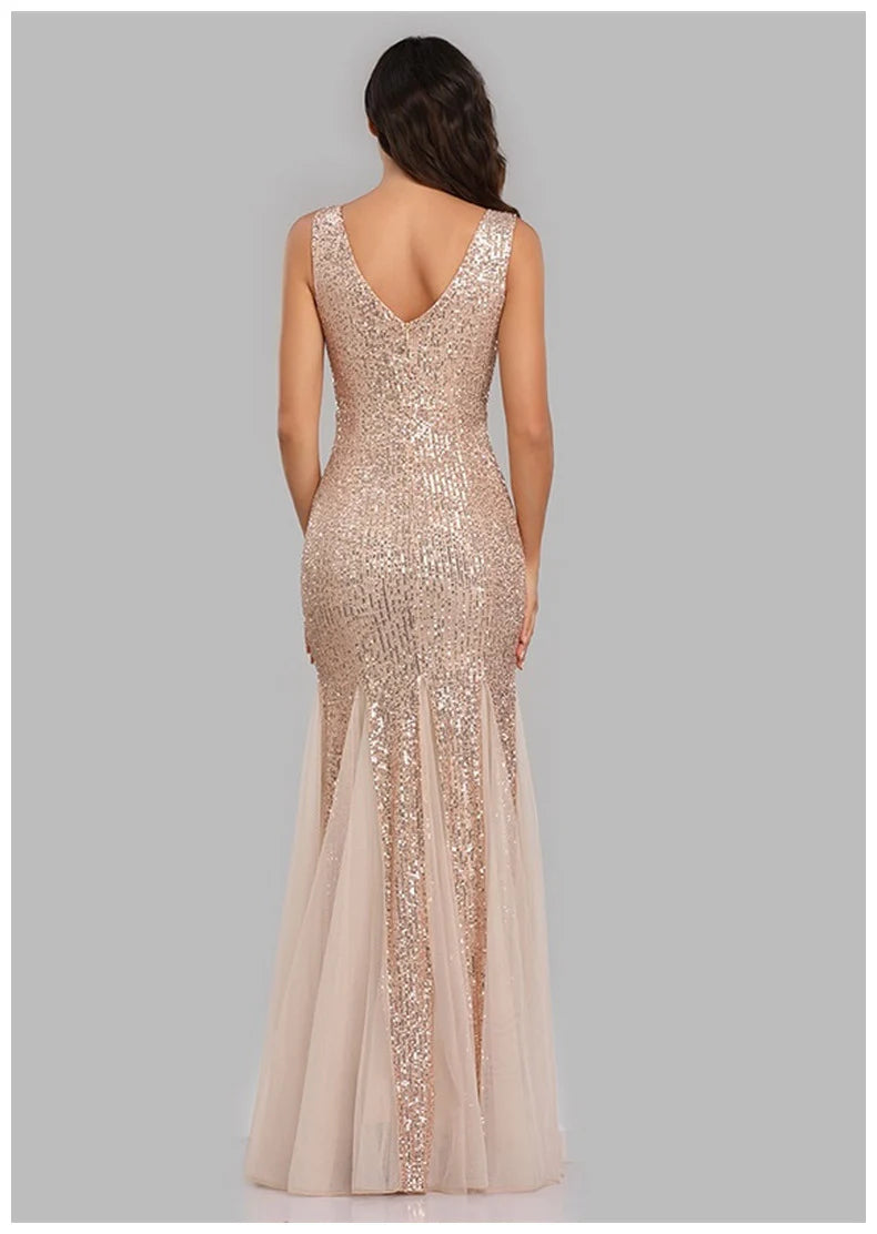 Quyihu Dress Shimmering V-Neck Sleeveless Sheath Sequined Tulle Maxi Evening Formal Dress Prom Dress