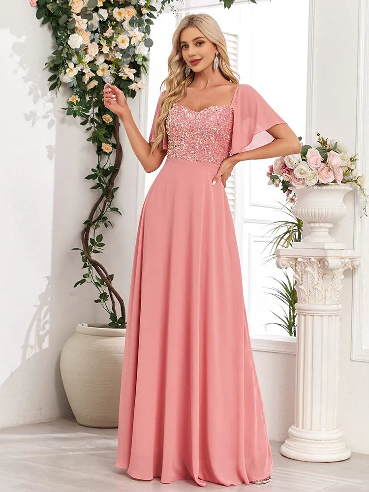 Quyihu Dress Short Bell Sleeves Sequined Bodice A-line Chiffon Maxi Evening Dress Prom Dress