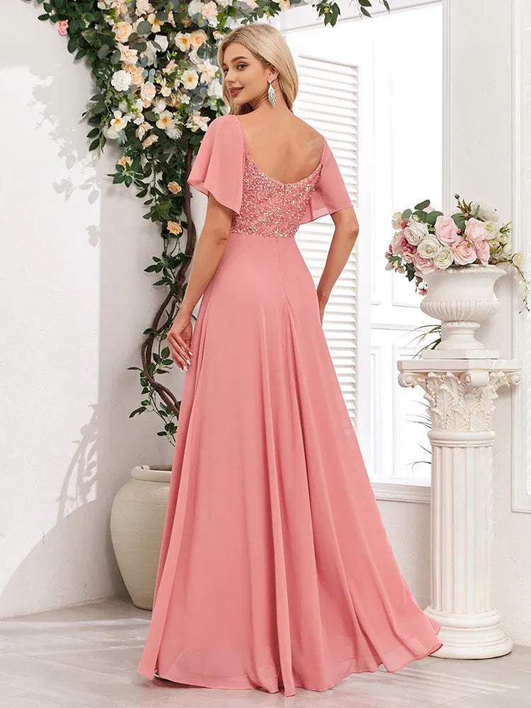 Quyihu Dress Short Bell Sleeves Sequined Bodice A-line Chiffon Maxi Evening Dress Prom Dress