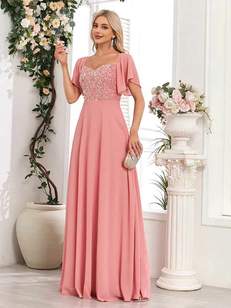 Quyihu Dress Short Bell Sleeves Sequined Bodice A-line Chiffon Maxi Evening Dress Prom Dress