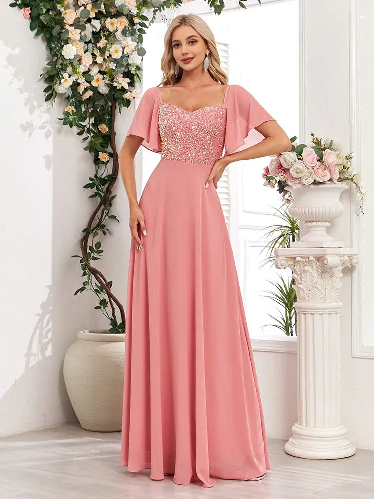 Quyihu Dress Short Bell Sleeves Sequined Bodice A-line Chiffon Maxi Evening Dress Prom Dress