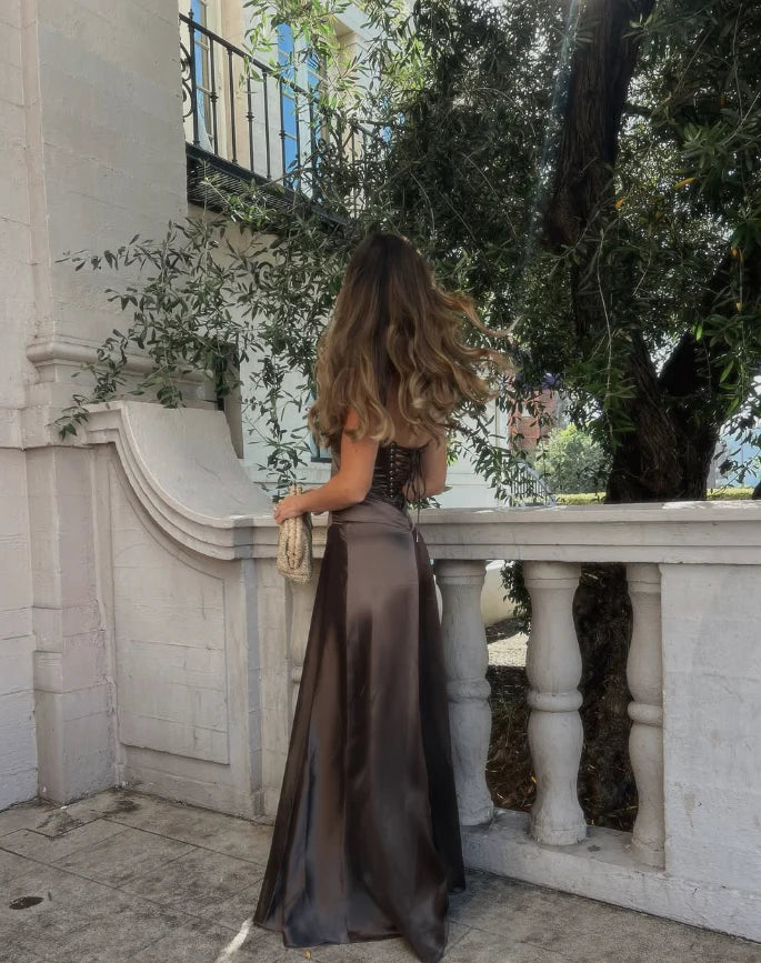 Quyihu Dress Simple Brown Spaghetti Straps A Line Prom Dress Party Dress