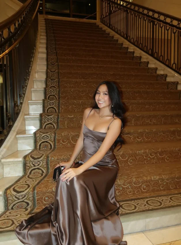 Quyihu Dress Simple Brown Spaghetti Straps A Line Prom Dress Party Dress