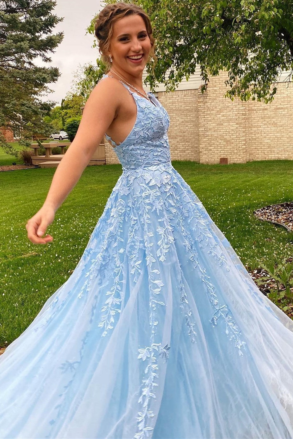 Quyihu Dress Sky Blue Spaghetti Straps V Neck Tulle Ball Gown Prom Dress With Appliques Evening Dress