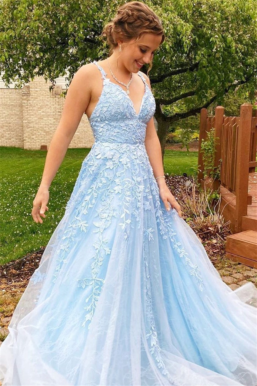 Quyihu Dress Sky Blue Spaghetti Straps V Neck Tulle Ball Gown Prom Dress With Appliques Evening Dress
