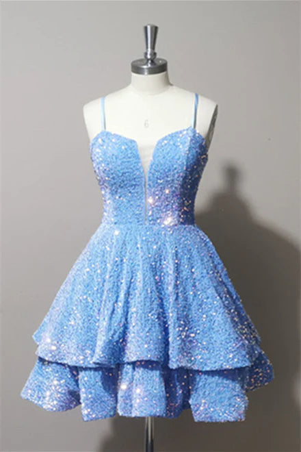Quyihu Dress Spaghetti Straps Blue Tiered Sequin Short Homecoming Dress