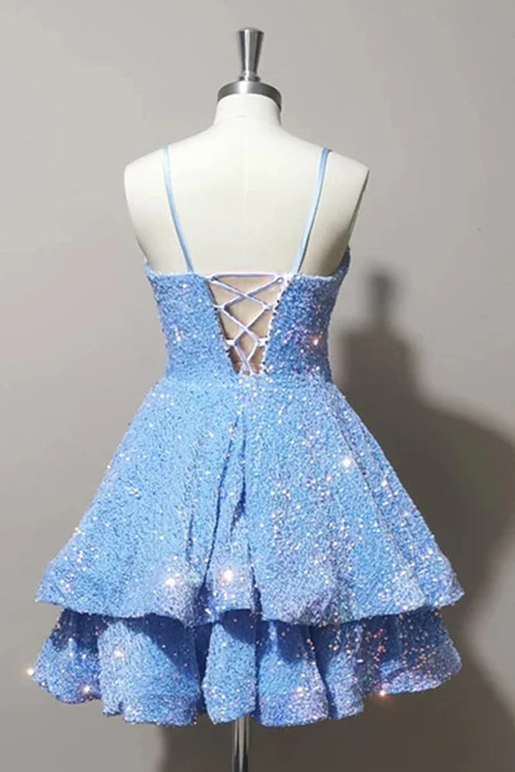 Quyihu Dress Spaghetti Straps Blue Tiered Sequin Short Homecoming Dress