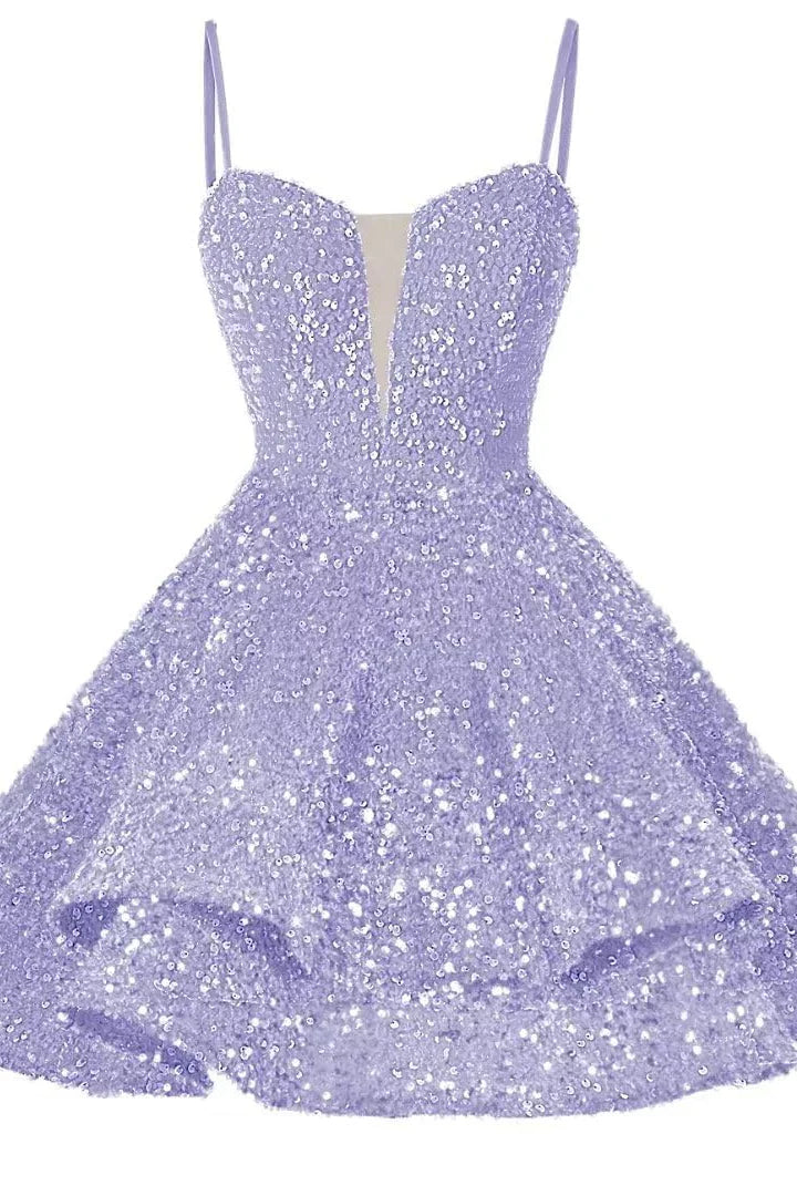 Quyihu Dress Spaghetti Straps Blue Tiered Sequin Short Homecoming Dress