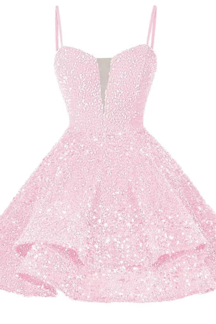 Quyihu Dress Spaghetti Straps Blue Tiered Sequin Short Homecoming Dress