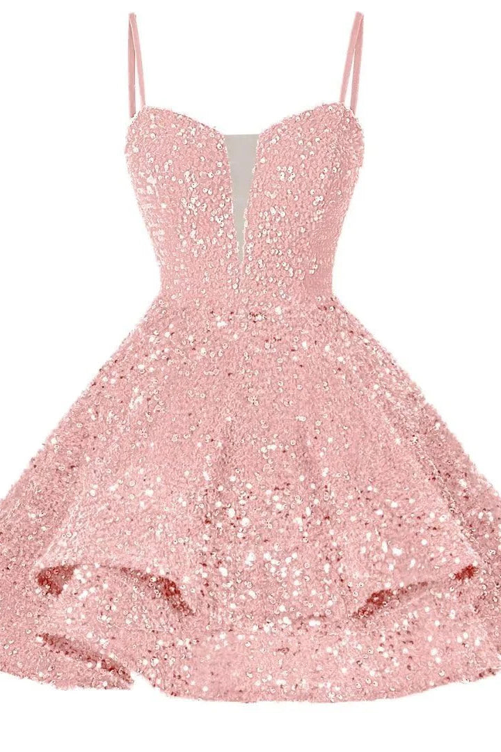 Quyihu Dress Spaghetti Straps Blue Tiered Sequin Short Homecoming Dress