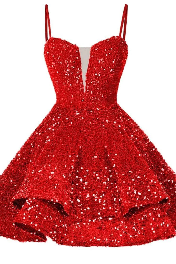 Quyihu Dress Spaghetti Straps Blue Tiered Sequin Short Homecoming Dress
