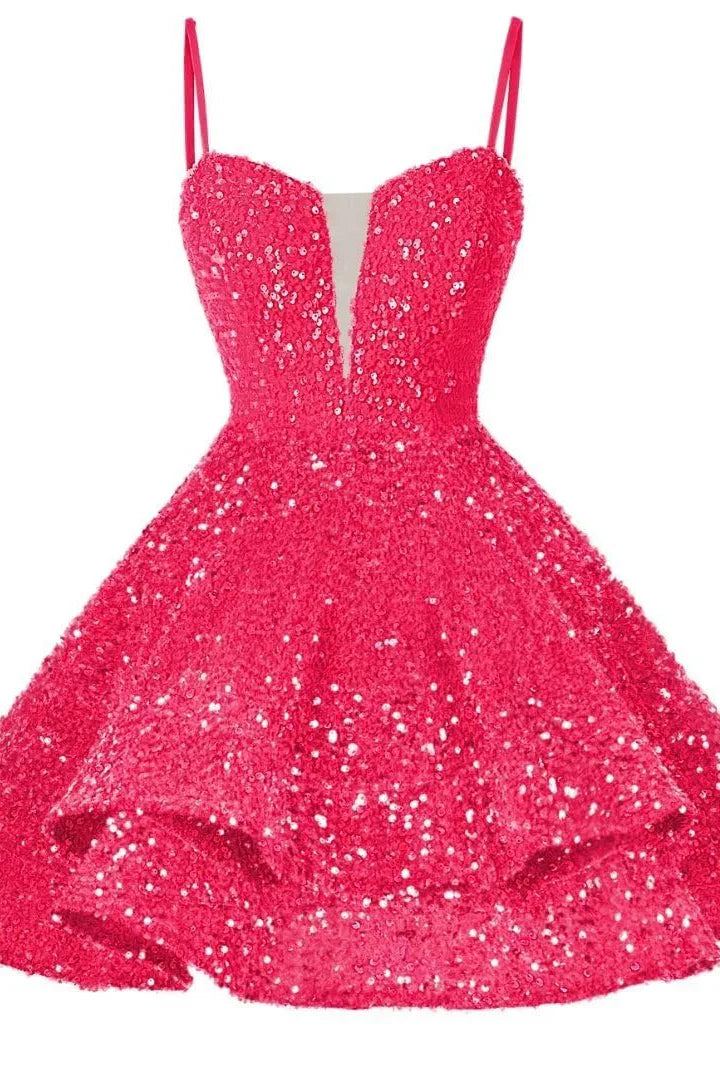 Quyihu Dress Spaghetti Straps Blue Tiered Sequin Short Homecoming Dress