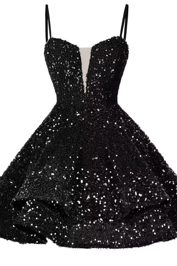 Quyihu Dress Spaghetti Straps Blue Tiered Sequin Short Homecoming Dress