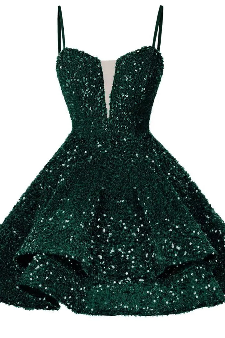 Quyihu Dress Spaghetti Straps Blue Tiered Sequin Short Homecoming Dress
