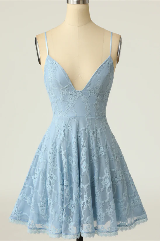 Quyihu Dress Spaghetti Straps Light Blue Lace A-line Homecoming Dress